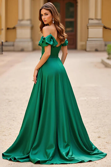 Sparkly Dark Green Satin A Line Long Formal Dress with Slit